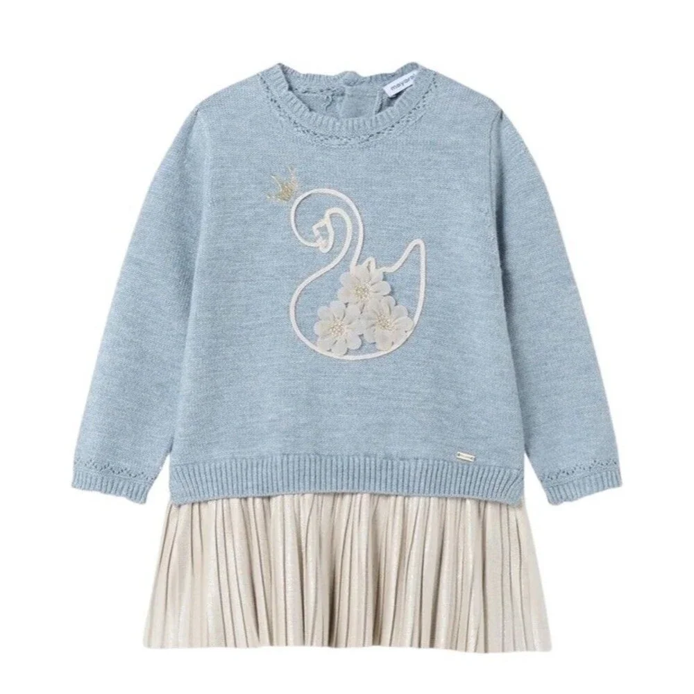 Mayoral Baby Girls Blue and Cream Knit Combined Dress with SWAN Applique